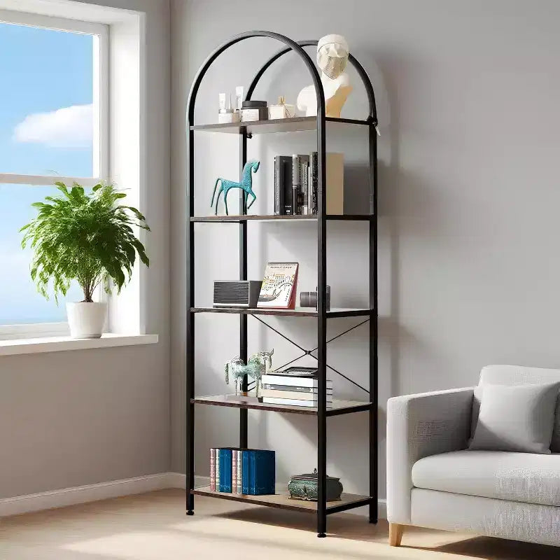 Scaffale moderno autoportante per esposizione, mobiletto, libreria a 5 ripiani, libreria industriale aperta, scaffale con struttura in metallo per camera da letto e soggiorno