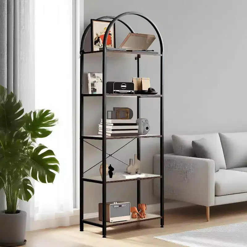 Scaffale moderno autoportante per esposizione, mobiletto, libreria a 5 ripiani, libreria industriale aperta, scaffale con struttura in metallo per camera da letto e soggiorno