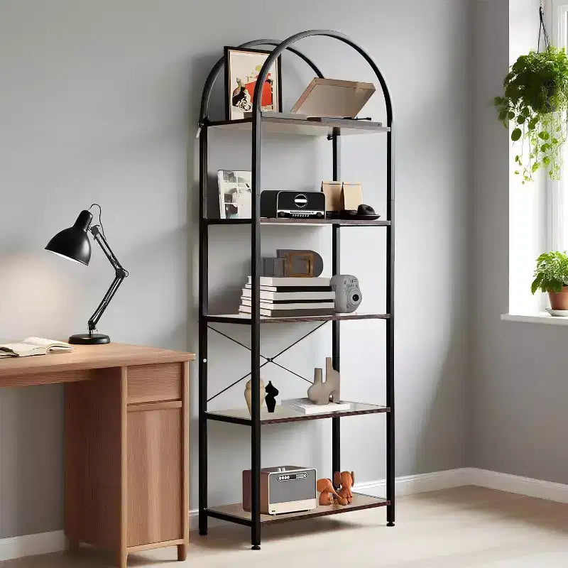 Scaffale moderno autoportante per esposizione, mobiletto, libreria a 5 ripiani, libreria industriale aperta, scaffale con struttura in metallo per camera da letto e soggiorno