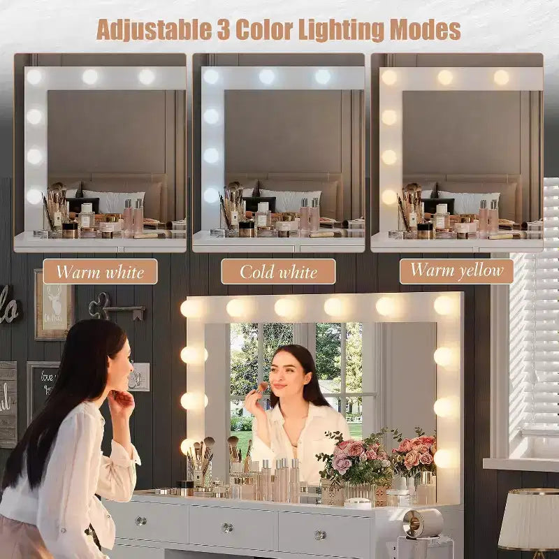Toeletta Trucco con Presa di Corrente e Specchio con 12 Luci LED - 11 Cassetti, 45" con Piano in Vetro e 3 Modalità di Illuminazione