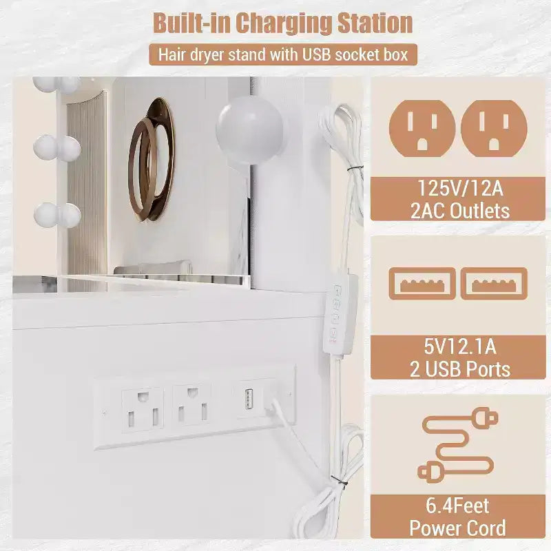 Toeletta Trucco con Presa di Corrente e Specchio con 12 Luci LED - 11 Cassetti, 45" con Piano in Vetro e 3 Modalità di Illuminazione