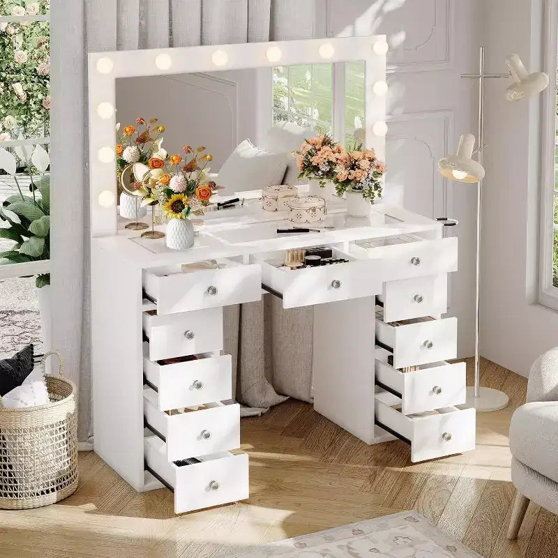 Toeletta Trucco con Presa di Corrente e Specchio con 12 Luci LED - 11 Cassetti, 45" con Piano in Vetro e 3 Modalità di Illuminazione