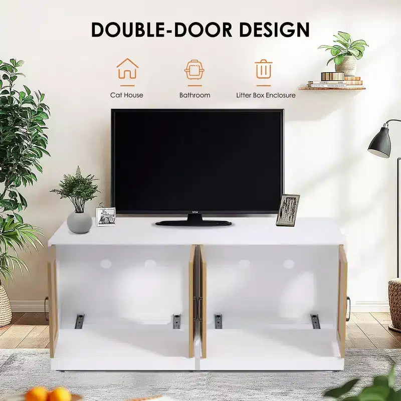 Mobile TV con cuccia per gatti, tavolino, mobiletto con lettiera nascosta in legno, con ripiano e tiragraffi, cuccia per gatti da interni, mobile TV, tavolino