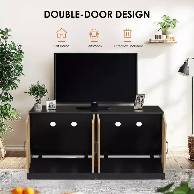 Mobile TV con cuccia per gatti, tavolino, mobiletto con lettiera nascosta in legno, con ripiano e tiragraffi, cuccia per gatti da interni, mobile TV, tavolino