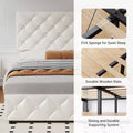 Full-size bed frame with 4 storage drawers, headboard, linen upholstery, diamond-stitched button tufting, no spring mattress required.