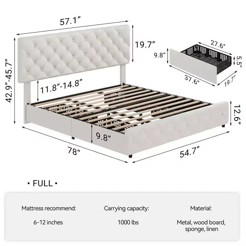 Struttura letto matrimoniale con 4 cassetti contenitore, testiera, rivestimento in lino, trapuntatura capitonné a rombi, non richiede materasso a molle.
