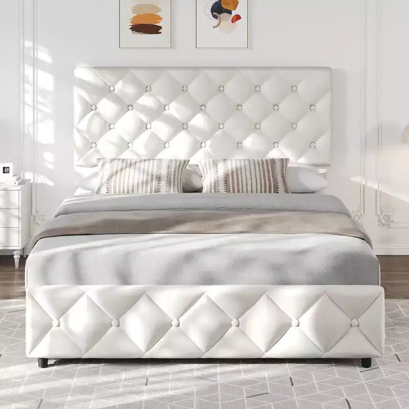 Struttura letto matrimoniale con 4 cassetti contenitore, testiera, rivestimento in lino, trapuntatura capitonné a rombi, non richiede materasso a molle.