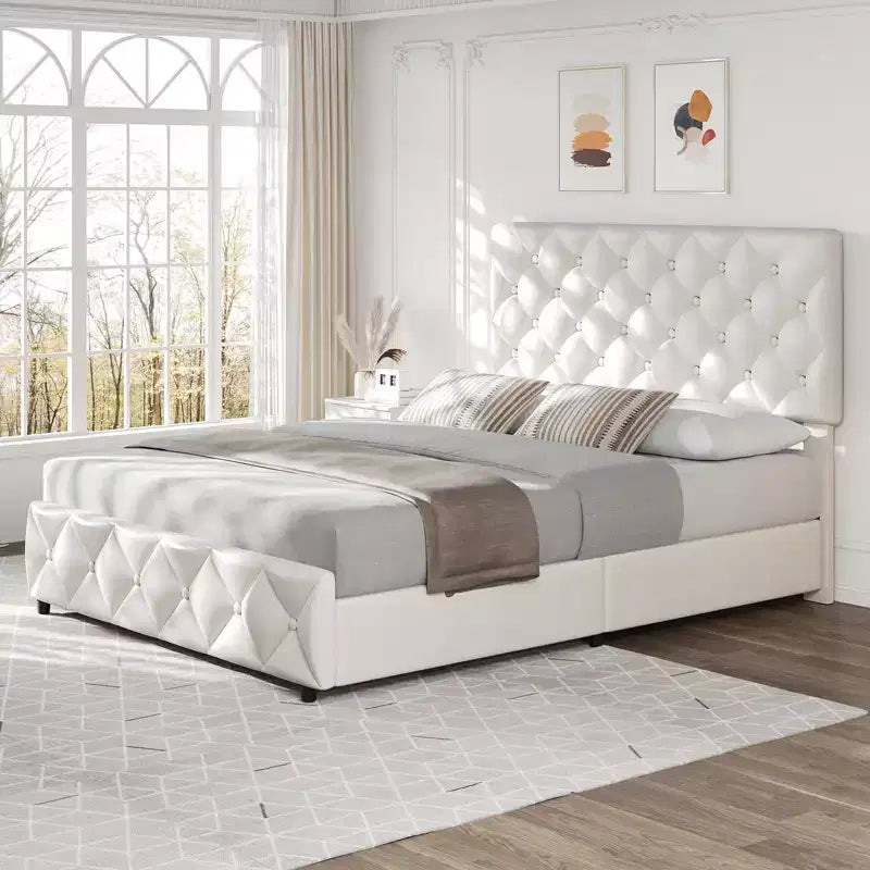 Struttura letto matrimoniale con 4 cassetti contenitore, testiera, rivestimento in lino, trapuntatura capitonné a rombi, non richiede materasso a molle.