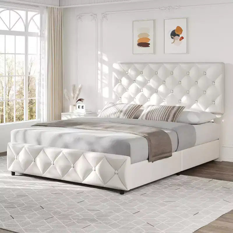 Struttura letto matrimoniale con 4 cassetti contenitore, testiera, rivestimento in lino, trapuntatura capitonné a rombi, non richiede materasso a molle.