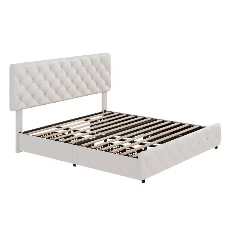 Struttura letto matrimoniale con 4 cassetti contenitore, testiera, rivestimento in lino, trapuntatura capitonné a rombi, non richiede materasso a molle.