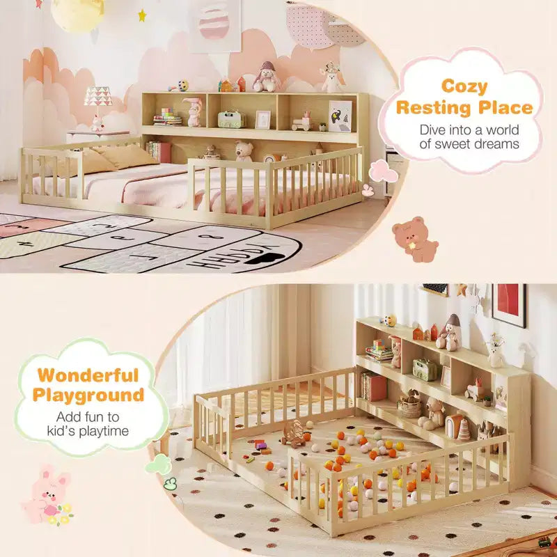 Costway Lettino Montessoriano a Pavimento Full Size con Libreria, Ripiani e Sponde di Sicurezza Rosa/Naturale/Bianco/Grigio
