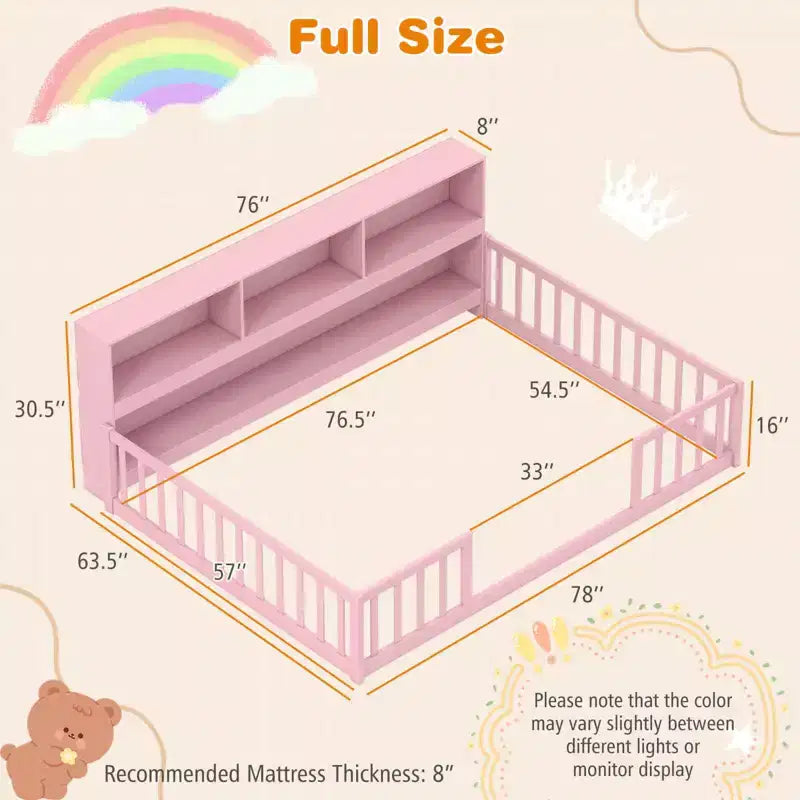 Costway Lettino Montessoriano a Pavimento Full Size con Libreria, Ripiani e Sponde di Sicurezza Rosa/Naturale/Bianco/Grigio