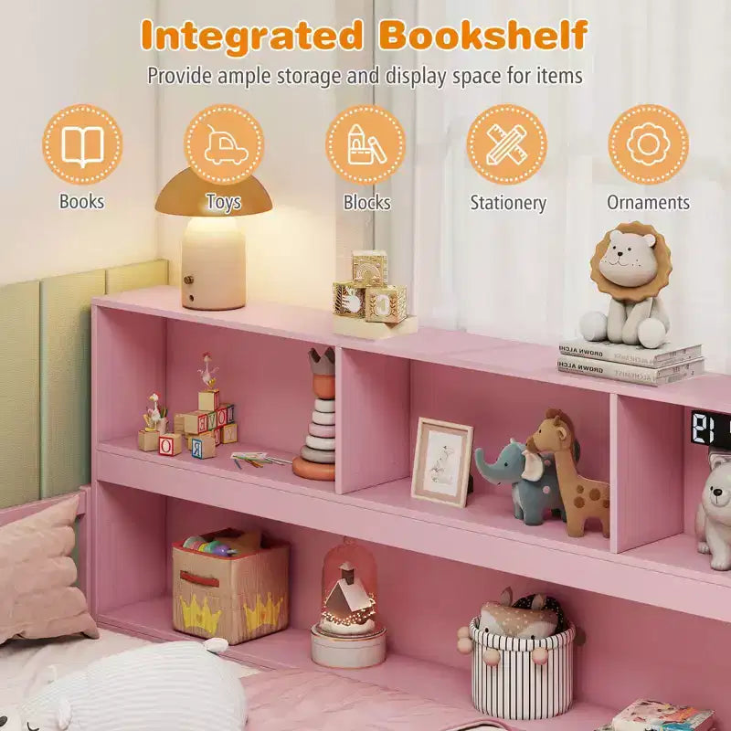 Costway Lettino Montessoriano a Pavimento Full Size con Libreria, Ripiani e Sponde di Sicurezza Rosa/Naturale/Bianco/Grigio