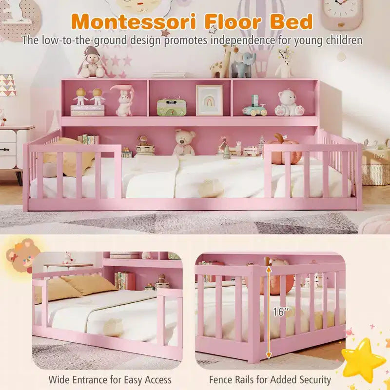 Costway Lettino Montessoriano a Pavimento Full Size con Libreria, Ripiani e Sponde di Sicurezza Rosa/Naturale/Bianco/Grigio