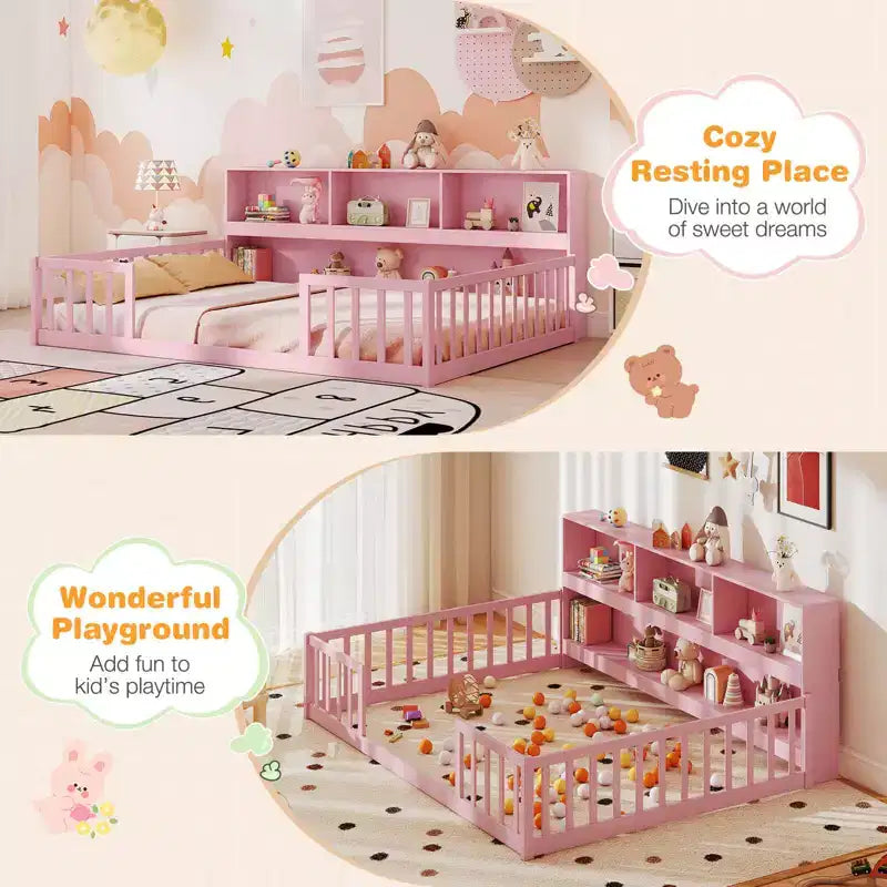 Costway Lettino Montessoriano a Pavimento Full Size con Libreria, Ripiani e Sponde di Sicurezza Rosa/Naturale/Bianco/Grigio