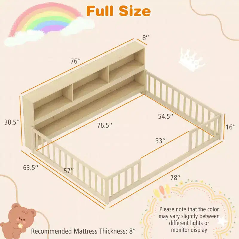 Costway Lettino Montessoriano a Pavimento Full Size con Libreria, Ripiani e Sponde di Sicurezza Rosa/Naturale/Bianco/Grigio