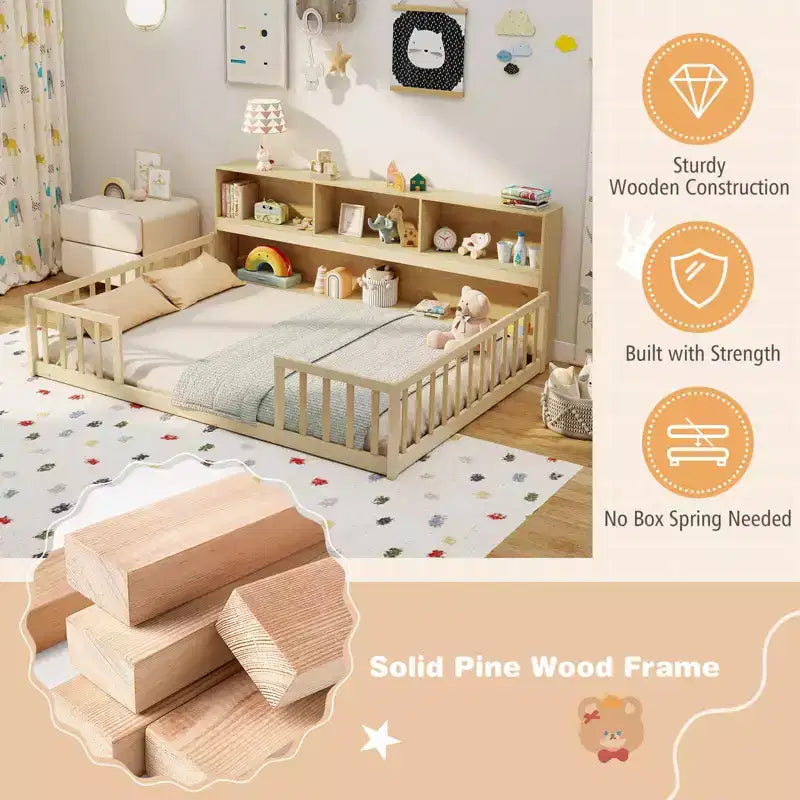 Costway Lettino Montessoriano a Pavimento Full Size con Libreria, Ripiani e Sponde di Sicurezza Rosa/Naturale/Bianco/Grigio