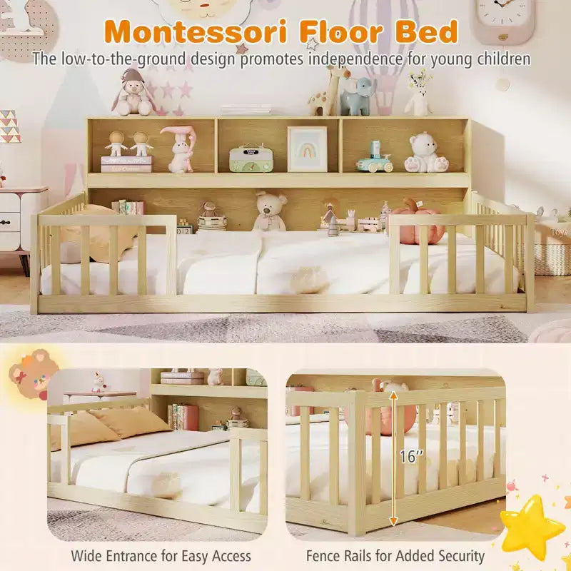 Costway Lettino Montessoriano a Pavimento Full Size con Libreria, Ripiani e Sponde di Sicurezza Rosa/Naturale/Bianco/Grigio