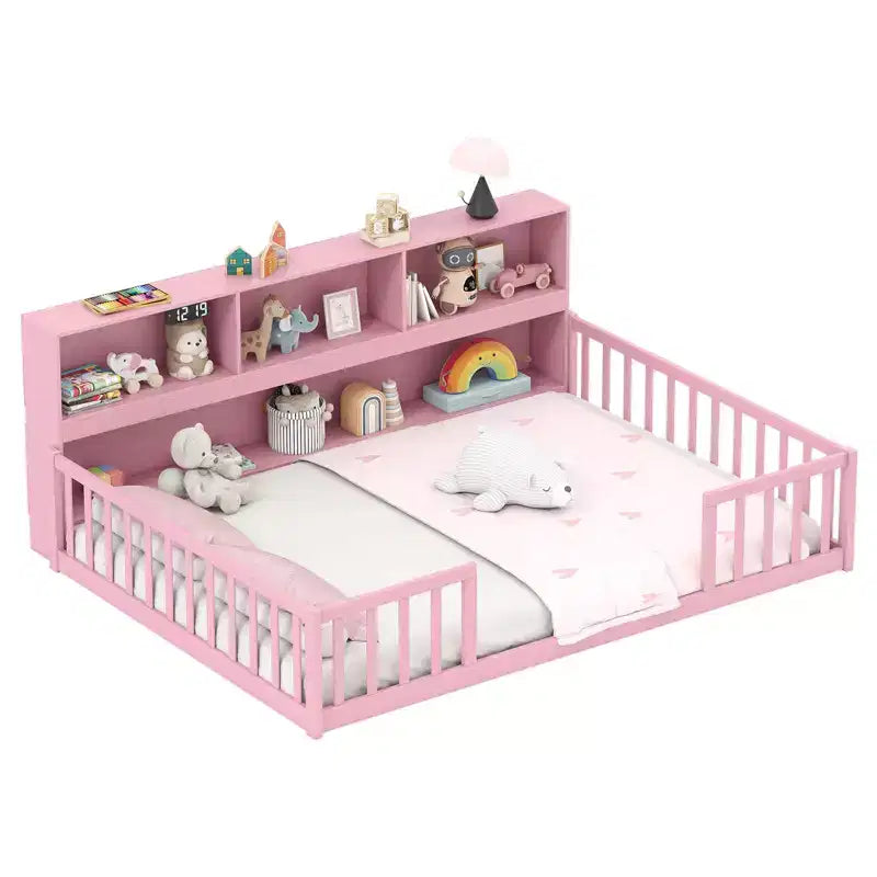 Costway Lettino Montessoriano a Pavimento Full Size con Libreria, Ripiani e Sponde di Sicurezza Rosa/Naturale/Bianco/Grigio