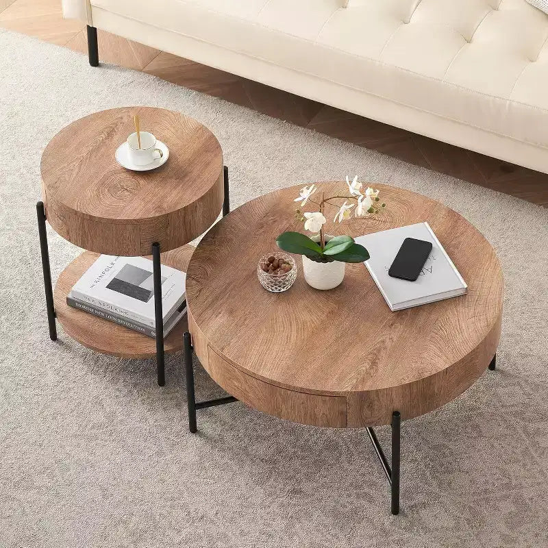 Tavolino da Caffè con Piano Sollevabile e Contenitore, Tavolino Laterale Moderno di Metà Secolo e Tavolino Centrale Rustico in Legno