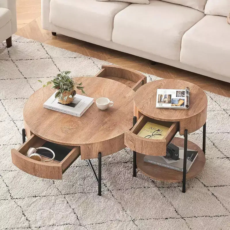 Tavolino da Caffè con Piano Sollevabile e Contenitore, Tavolino Laterale Moderno di Metà Secolo e Tavolino Centrale Rustico in Legno