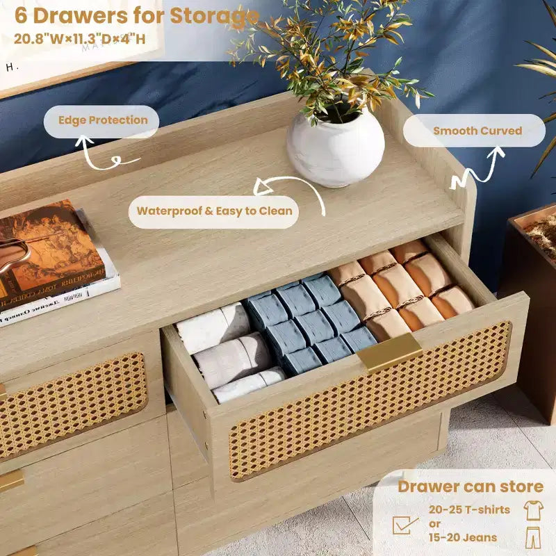 Cassettiera a 6 cassetti con design in rattan, organizer grande, stile moderno di metà secolo, mobile TV da guardaroba dorato con gambe alte,