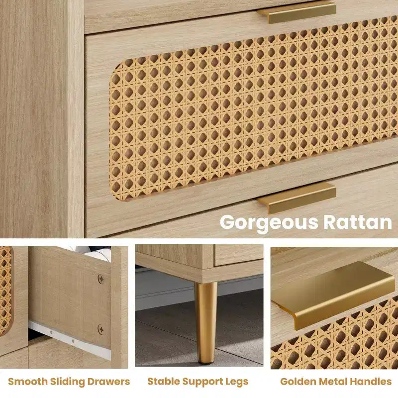 Cassettiera a 6 cassetti con design in rattan, organizer grande, stile moderno di metà secolo, mobile TV da guardaroba dorato con gambe alte,