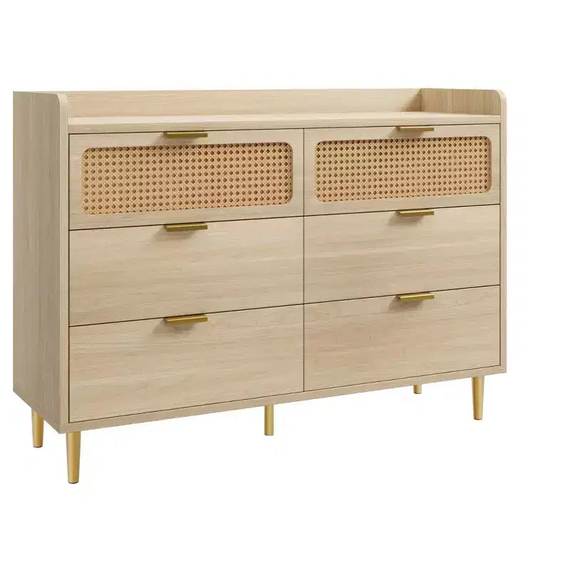 Cassettiera a 6 cassetti con design in rattan, organizer grande, stile moderno di metà secolo, mobile TV da guardaroba dorato con gambe alte,