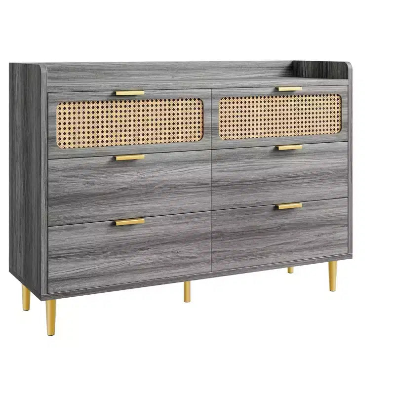 Cassettiera a 6 cassetti con design in rattan, organizer grande, stile moderno di metà secolo, mobile TV da guardaroba dorato con gambe alte,