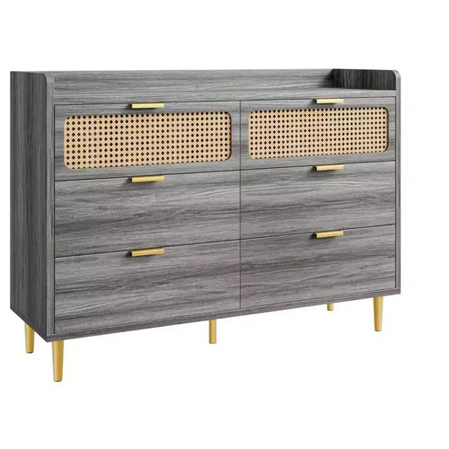 Cassettiera a 6 cassetti con design in rattan, organizer grande, stile moderno di metà secolo, mobile TV da guardaroba dorato con gambe alte,