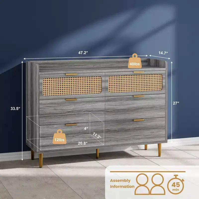 Cassettiera a 6 cassetti con design in rattan, organizer grande, stile moderno di metà secolo, mobile TV da guardaroba dorato con gambe alte,