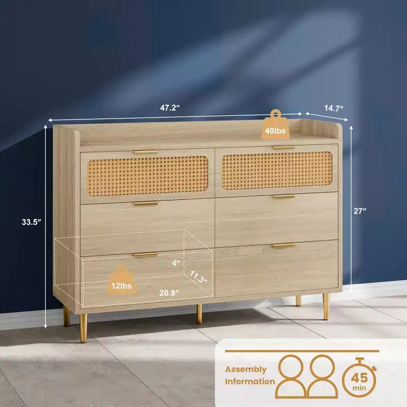 Cassettiera a 6 cassetti con design in rattan, organizer grande, stile moderno di metà secolo, mobile TV da guardaroba dorato con gambe alte,