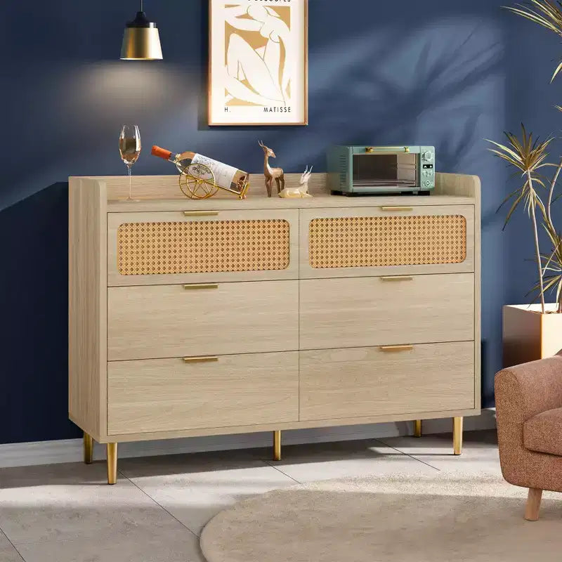 Cassettiera a 6 cassetti con design in rattan, organizer grande, stile moderno di metà secolo, mobile TV da guardaroba dorato con gambe alte,
