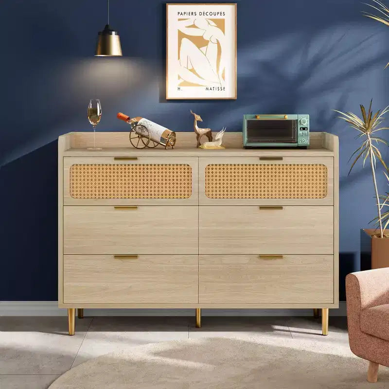 Cassettiera a 6 cassetti con design in rattan, organizer grande, stile moderno di metà secolo, mobile TV da guardaroba dorato con gambe alte,