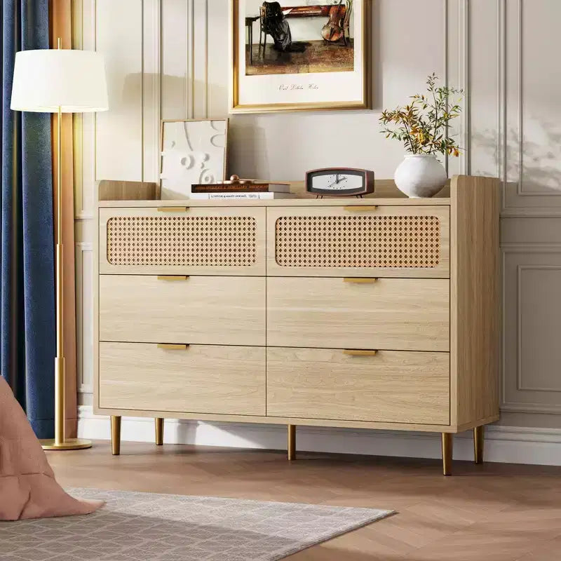 Cassettiera a 6 cassetti con design in rattan, organizer grande, stile moderno di metà secolo, mobile TV da guardaroba dorato con gambe alte,