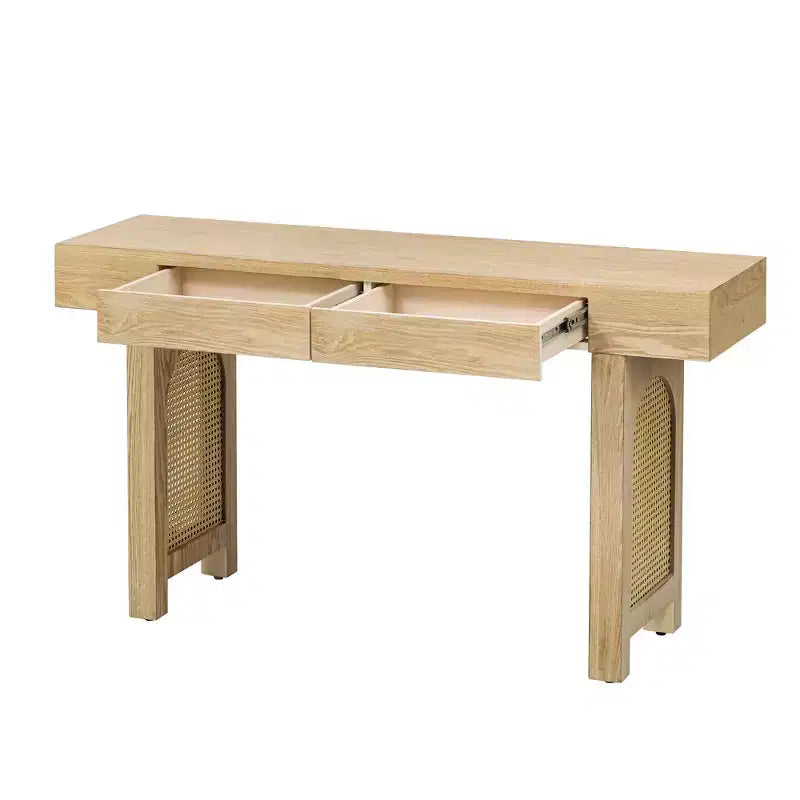 Tavolo Consolle Stretto in Rattan con Ripiani, Tavolino Minimalista da Ingresso in Legno con Cassetti per Salotto e Corridoio, Naturale