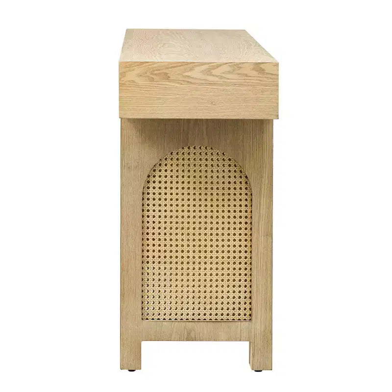 Tavolo Consolle Stretto in Rattan con Ripiani, Tavolino Minimalista da Ingresso in Legno con Cassetti per Salotto e Corridoio, Naturale