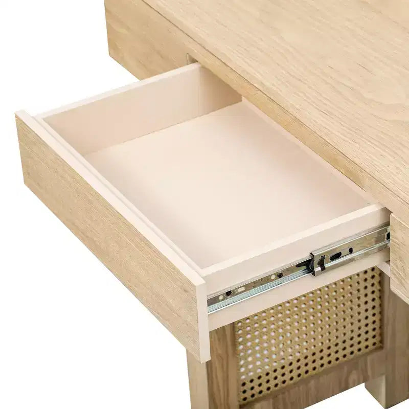 Tavolo Consolle Stretto in Rattan con Ripiani, Tavolino Minimalista da Ingresso in Legno con Cassetti per Salotto e Corridoio, Naturale