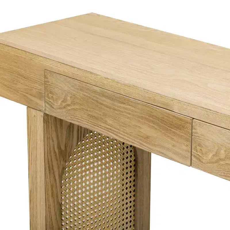Tavolo Consolle Stretto in Rattan con Ripiani, Tavolino Minimalista da Ingresso in Legno con Cassetti per Salotto e Corridoio, Naturale