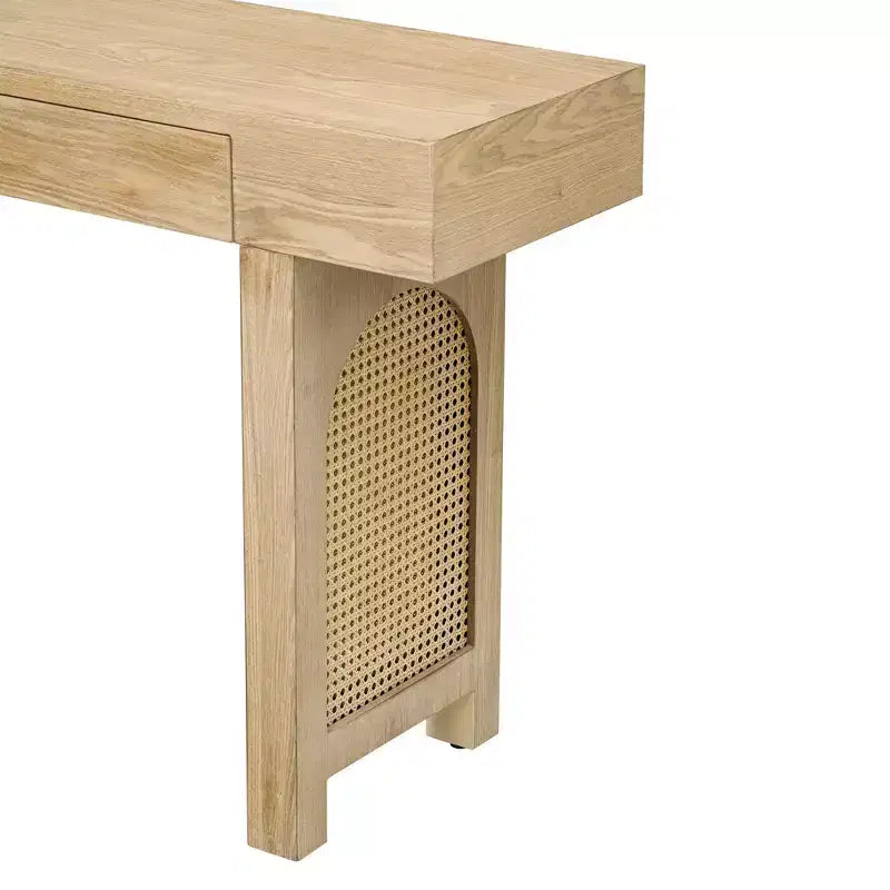 Tavolo Consolle Stretto in Rattan con Ripiani, Tavolino Minimalista da Ingresso in Legno con Cassetti per Salotto e Corridoio, Naturale