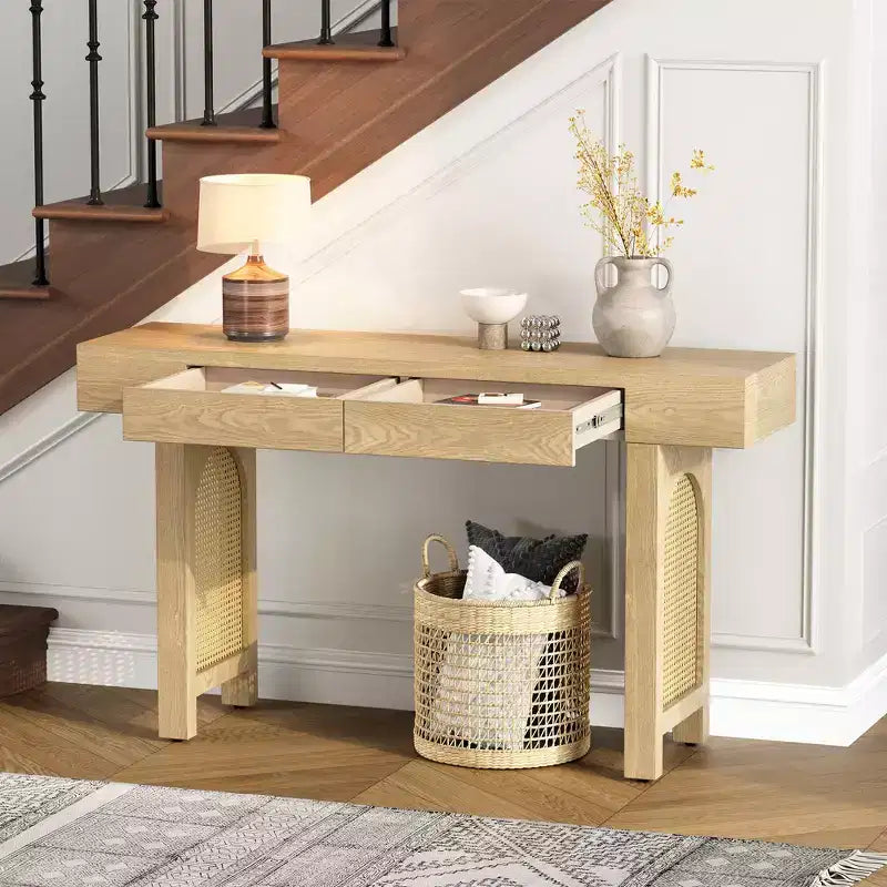 Tavolo Consolle Stretto in Rattan con Ripiani, Tavolino Minimalista da Ingresso in Legno con Cassetti per Salotto e Corridoio, Naturale