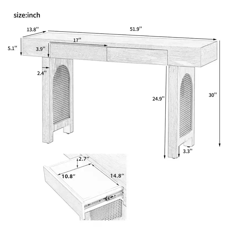 Tavolo Consolle Stretto in Rattan con Ripiani, Tavolino Minimalista da Ingresso in Legno con Cassetti per Salotto e Corridoio, Naturale