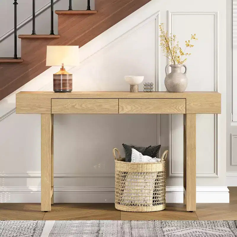 Tavolo Consolle Stretto in Rattan con Ripiani, Tavolino Minimalista da Ingresso in Legno con Cassetti per Salotto e Corridoio, Naturale