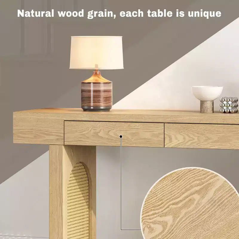 Tavolo Consolle Stretto in Rattan con Ripiani, Tavolino Minimalista da Ingresso in Legno con Cassetti per Salotto e Corridoio, Naturale