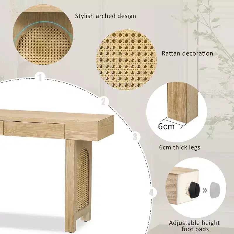 Tavolo Consolle Stretto in Rattan con Ripiani, Tavolino Minimalista da Ingresso in Legno con Cassetti per Salotto e Corridoio, Naturale