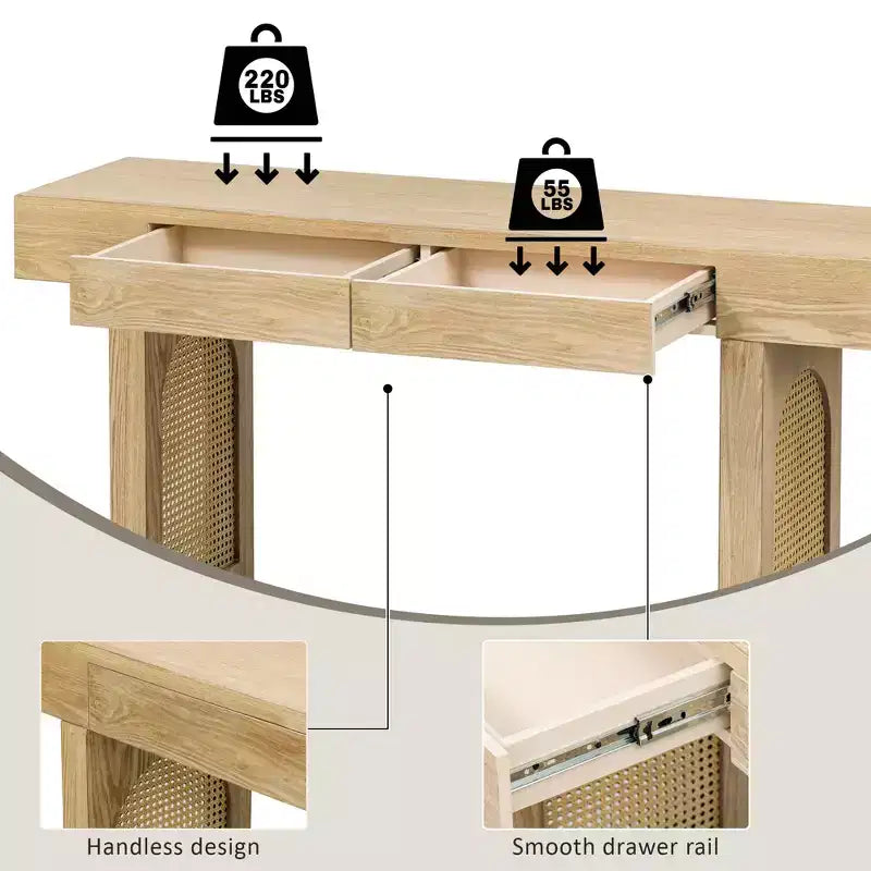Tavolo Consolle Stretto in Rattan con Ripiani, Tavolino Minimalista da Ingresso in Legno con Cassetti per Salotto e Corridoio, Naturale