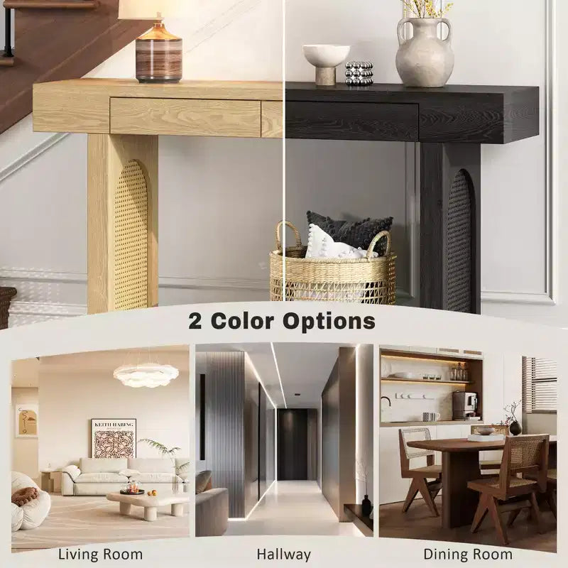 Tavolo Consolle Stretto in Rattan con Ripiani, Tavolino Minimalista da Ingresso in Legno con Cassetti per Salotto e Corridoio, Naturale