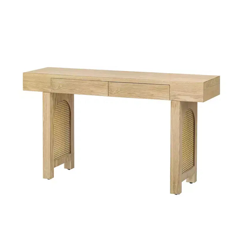 Tavolo Consolle Stretto in Rattan con Ripiani, Tavolino Minimalista da Ingresso in Legno con Cassetti per Salotto e Corridoio, Naturale