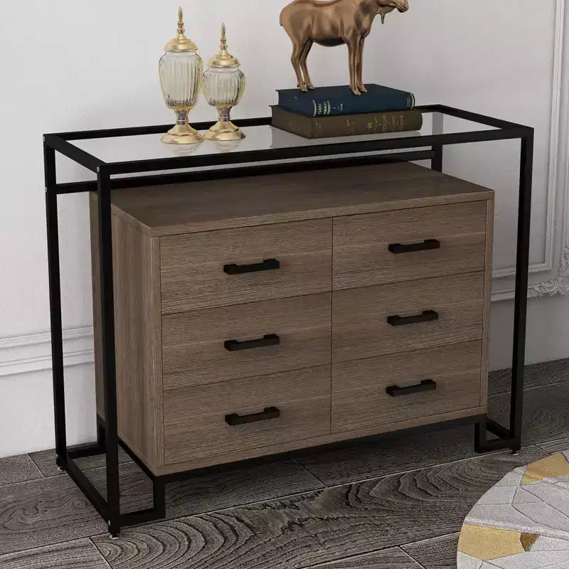 Mobile contenitore, sei cassetti, vetro temperato e base in legno, robusto telaio in acciaio e cassetti spaziosi, adatto per soggiorno, ingresso, camera da letto.