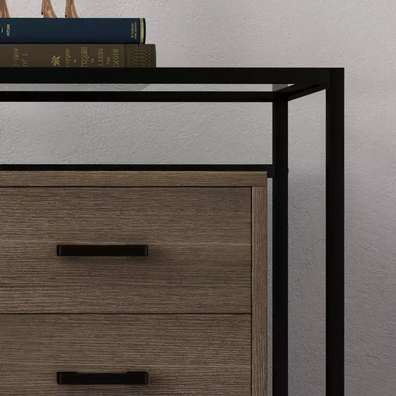 Mobile contenitore, sei cassetti, vetro temperato e base in legno, robusto telaio in acciaio e cassetti spaziosi, adatto per soggiorno, ingresso, camera da letto.